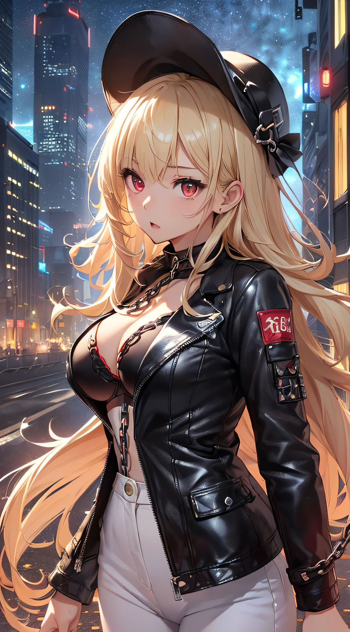 top-quality、Top image quality、​masterpiece、girl with((cute little、18year old、Best Bust、Medium bust、Bust 85,Red eyes to issue、Breasts wide open,Valley、Blonde long hair、A slender、Black leather bra、Black leather jacket、White trousers、astonished face、Follow your audience）hiquality、Beautiful Art、Background with((nightcity、The ground glows red、Divided land、Chain from the ground)),masutepiece、Elaborate design、visualart、depth of fields、The best lighting、highestdetailed、