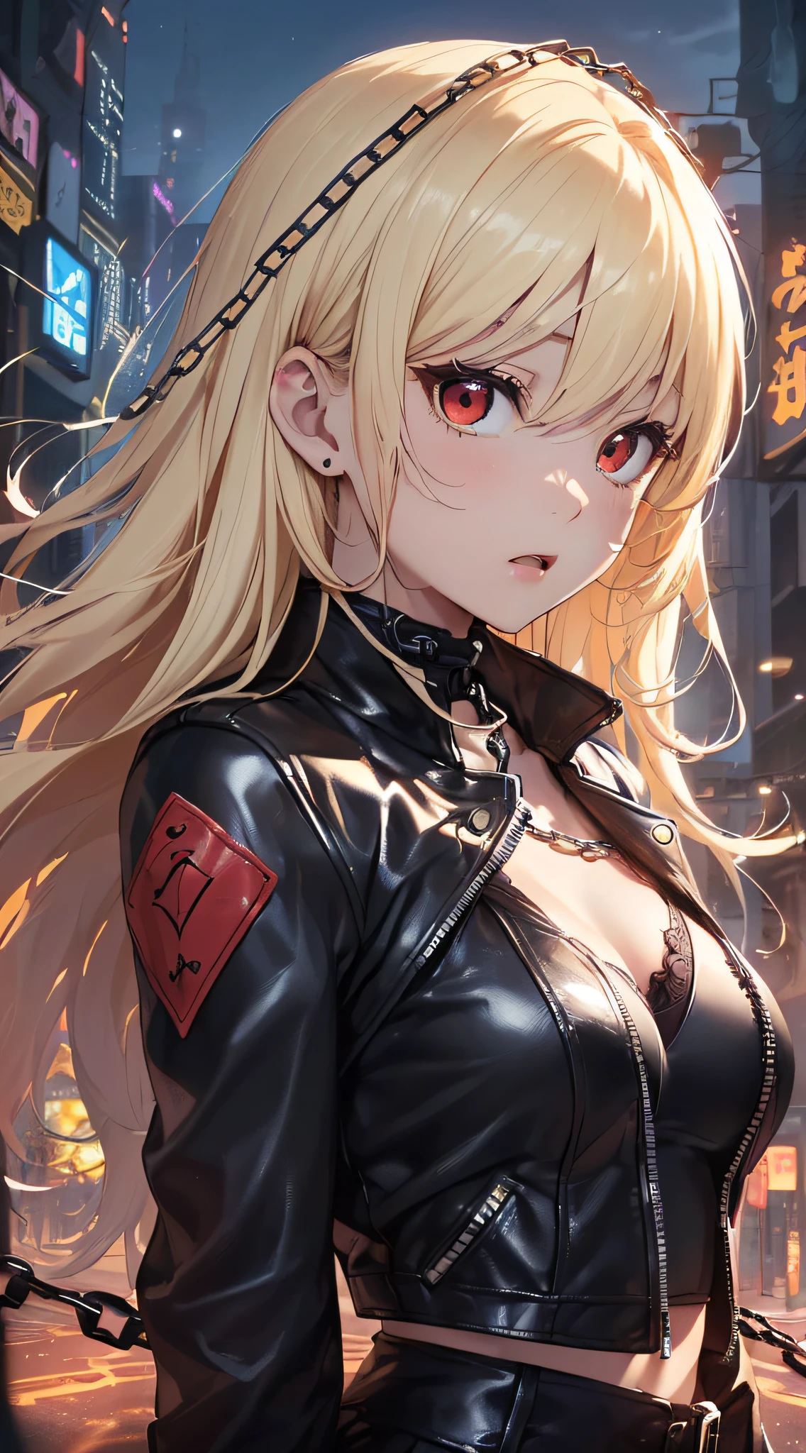 top-quality、Top image quality、masterpiece、girl with((cute little、18year old、Best Bust、Medium bust、Bust 85,Red eyes to issue、Breasts wide open,Valley、Blonde long hair、A slender、Black leather bra、Black leather jacket、White pants、astonished face、Black leather hat)hiquality、Beautiful Art、Background with((nightcity、The ground glows red、weightless、Weightless world、City of weightlessness、)),masutepiece、Elaborate design、visualart、depth of fields、The best lighting、highestdetailed、