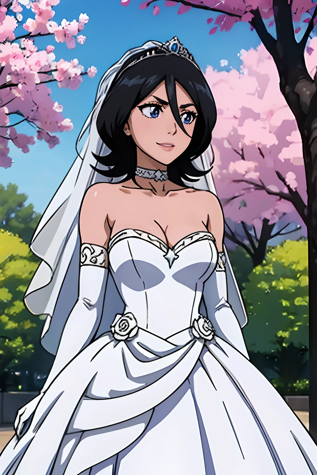 1girl hair between eyes, ahoge, blue eyes,black hair, star \(symbol\), hair ornament, dress, cleavage, bare shoulders, collarbone, long white elbow gloves, white gloves, white dress, white choker, strapless, tiara, veil, strapless dress, wedding dress, bridal veil, beautiful woman, perfect body, perfect breasts, wearing a wedding dress, ball gown, in the park trees, wedding decorations, a in love smile, realism, masterpiece, textured skin, super detail, high detail, high quality, best quality, 1080p, 16k