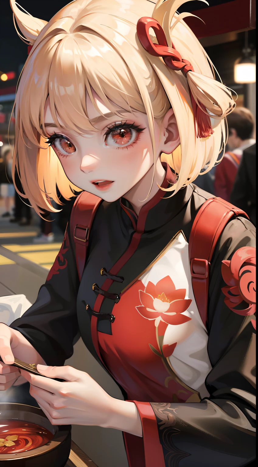 Chengdu girl，hot pot，Delicate facial features，Delicate，（There is lotus embroidery on the clothes：1.4），（Chinese red：1.4），Lively street stalls，the night，red colour，Abundant hot pot ingredients，Twist braids，Bokeh，sharp focus on eyes，8K，super-fine，tmasterpiece，Accurate hands，Detailed pubic hair，dynamic viewing angle