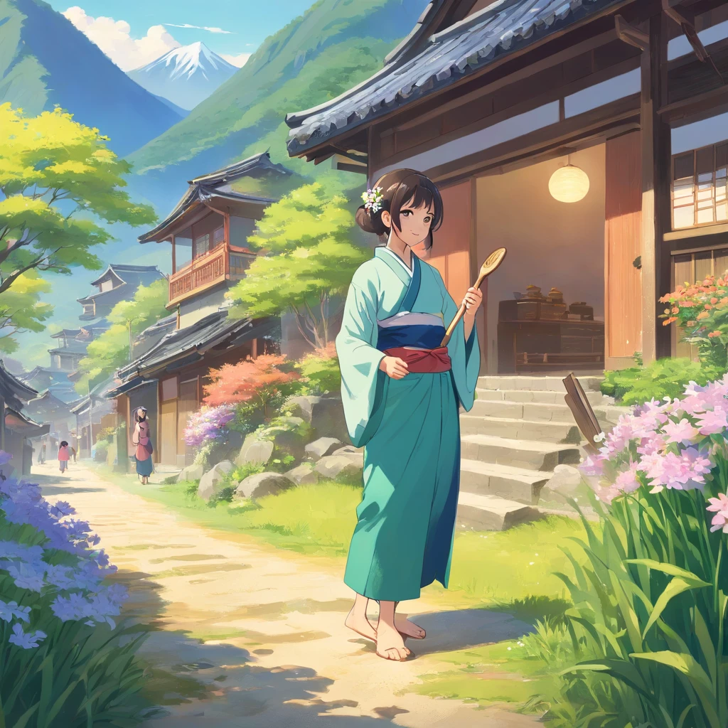 and the sun was shining brightly,The attachment is the stilt building,A bear dressed in Zhuang costume stirs five-colored glutinous rice with a wooden spoon, Zhuangxiang mountain village in spring,The mountains are full of flowers。A bear is making five-color sticky rice at home,Prepare to make a delicious festive meal for the villagers。She wears traditional Zhuang costumes,Stir the glutinous rice attentively,Holding a wooden rice spoon in his hand。It is surrounded by blooming mountain flowers and traditional stilt buildings,Beautiful and peaceful location。