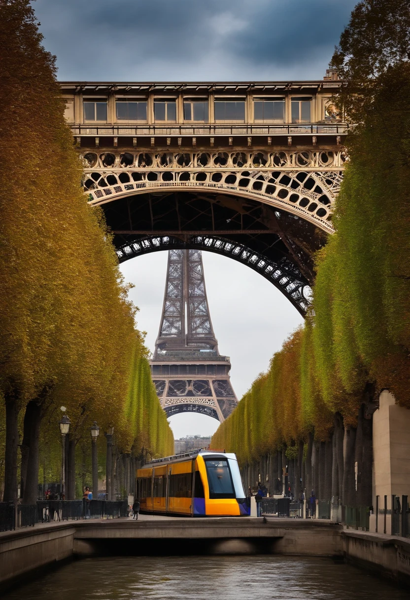 A light rail going over the Seine river banks near the Eiffel tower in a Haussmann paris