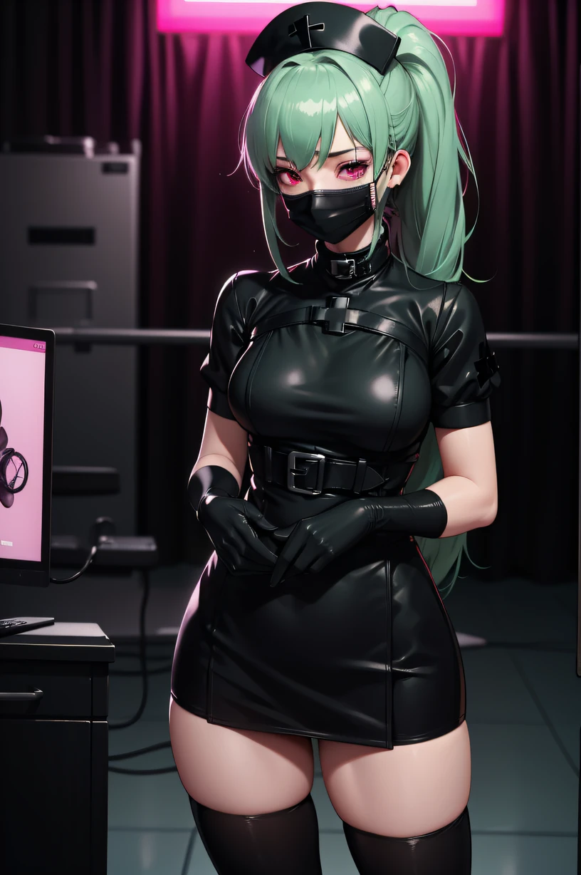 black nurse, 1girl, solo, black nurse cap, black wear, ((black legwear, zettai ryouiki)), black elbow gloves, ponytail, green hair, pink eyes, ((black surgical mask, covered nose)), standing, ((surgery room)), sharp outline, short sleeves, best quality, masterpiece