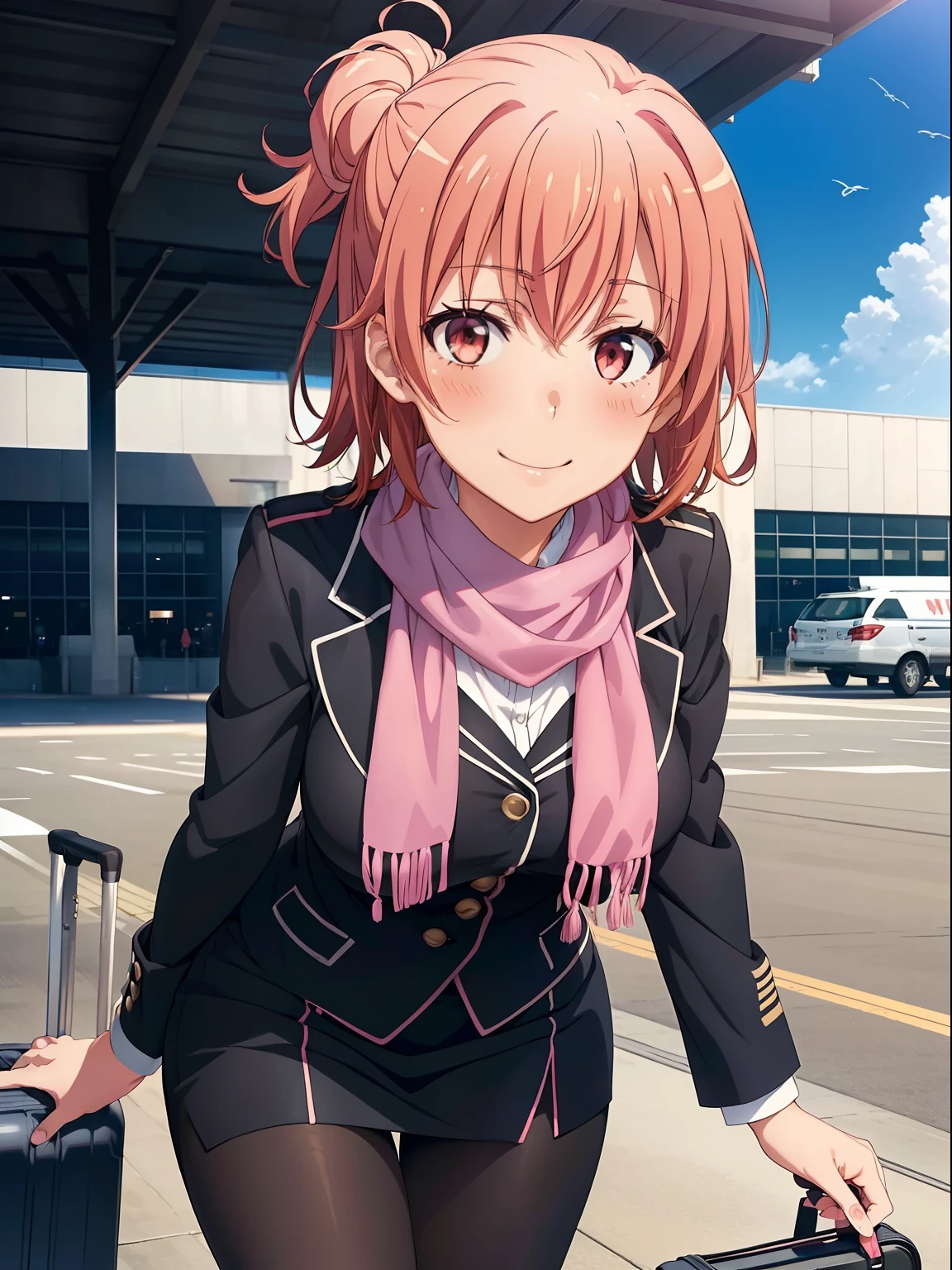((masutepiece, Best Quality, hight resolution, nffsw, Perfect Pixel, depth of fields, 4K, nffsw, nffsw))), 
1girl in, Single, Solo, Beautiful anime girl, Beautiful Art Style, 
 (Detailed face, Blushing:1.2), (Anime CG style), 
Large breasts,  
(close up, looking to viewer), Perfect body, 

(Black flight attendant uniform), (Black pantyhose), Pink scarf, Airport entrance, 
Cowboy Shot, Looking at Viewer, Standing, 
Smile, blush, 
Yuigahama Yui, Short hair,