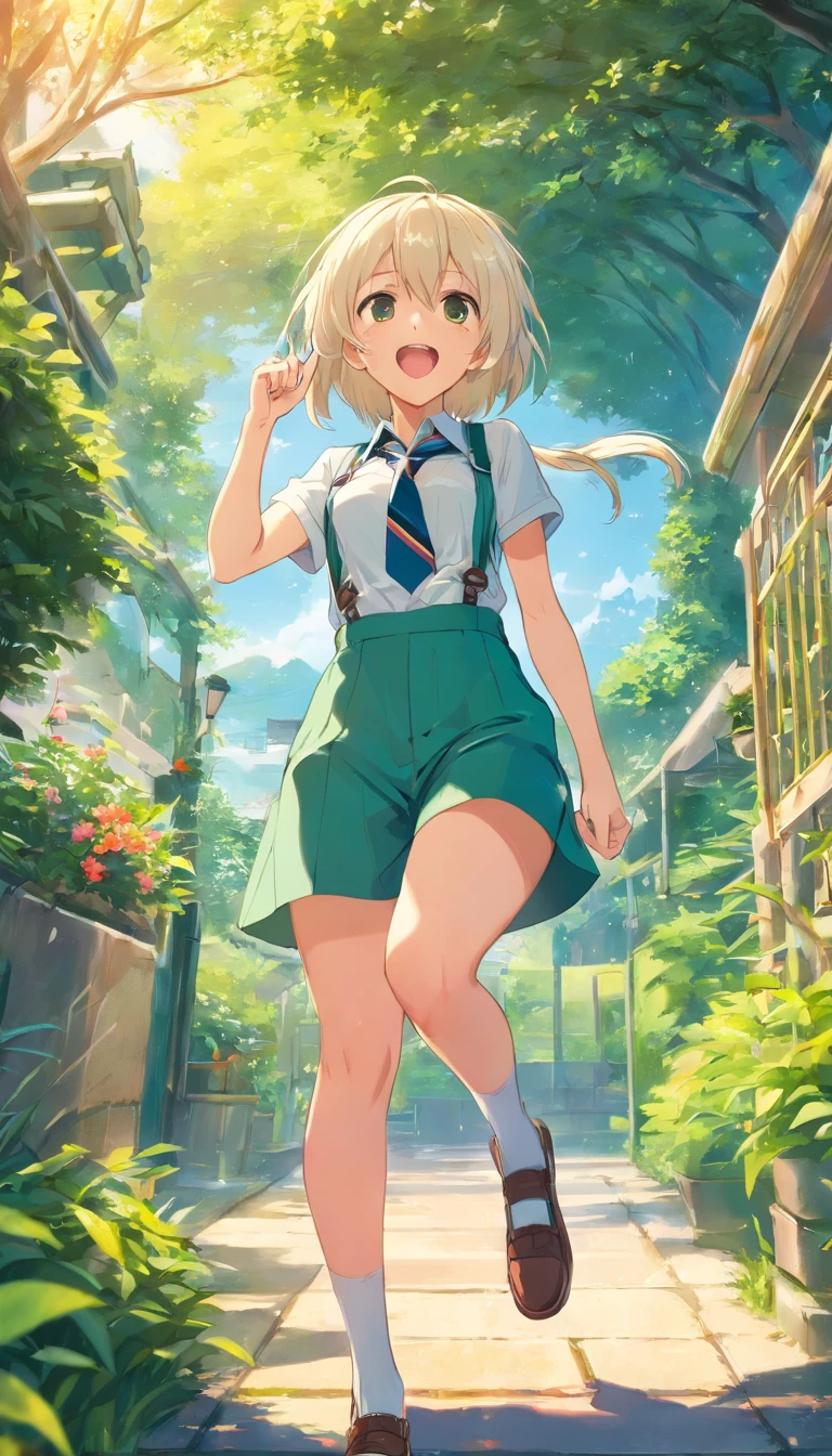 best qualtiy， tmasterpiece， 超高分辨率， realisticlying， 1 girl， long  white hair，Heterochromic pupils，Long legs，Suspenders，vivaciousness，Slightly drunk sticking out his tongue，trpical garden，wide angles