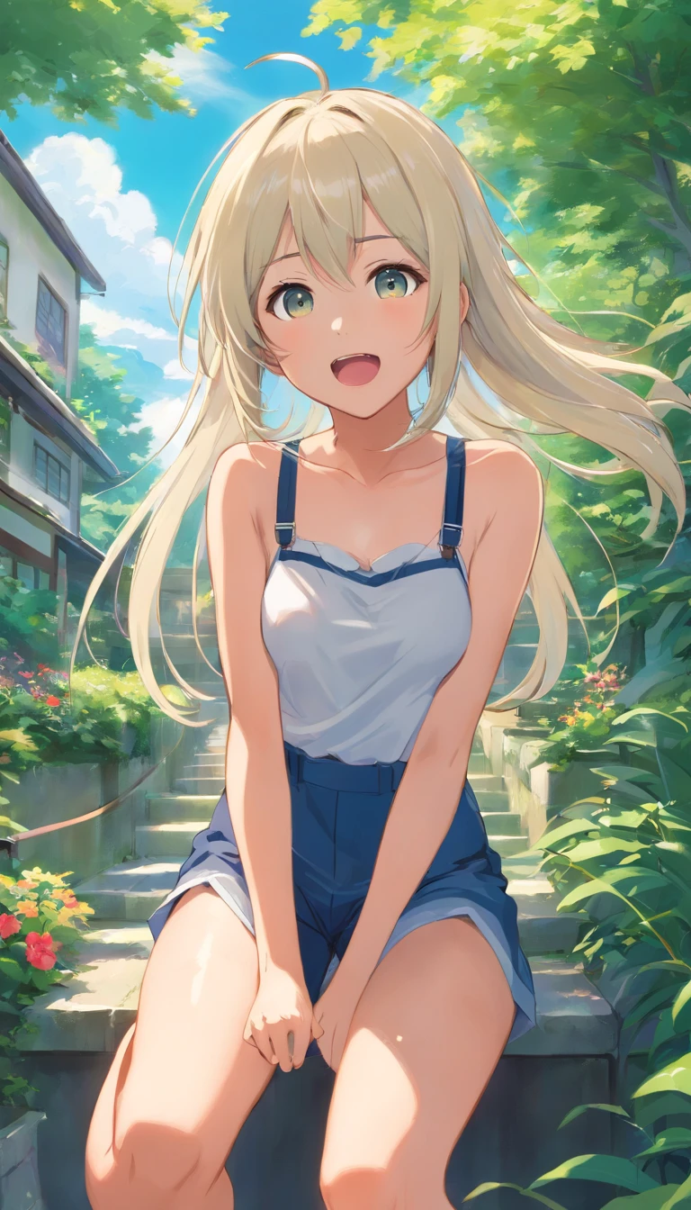 best qualtiy, tmasterpiece, 超高分辨率, realisticlying, 1 girl, long white hair,Heterochromic pupils,Long legs,Suspenders,vivaciousness,Slightly drunk sticking out his tongue,trpical garden,wide angles