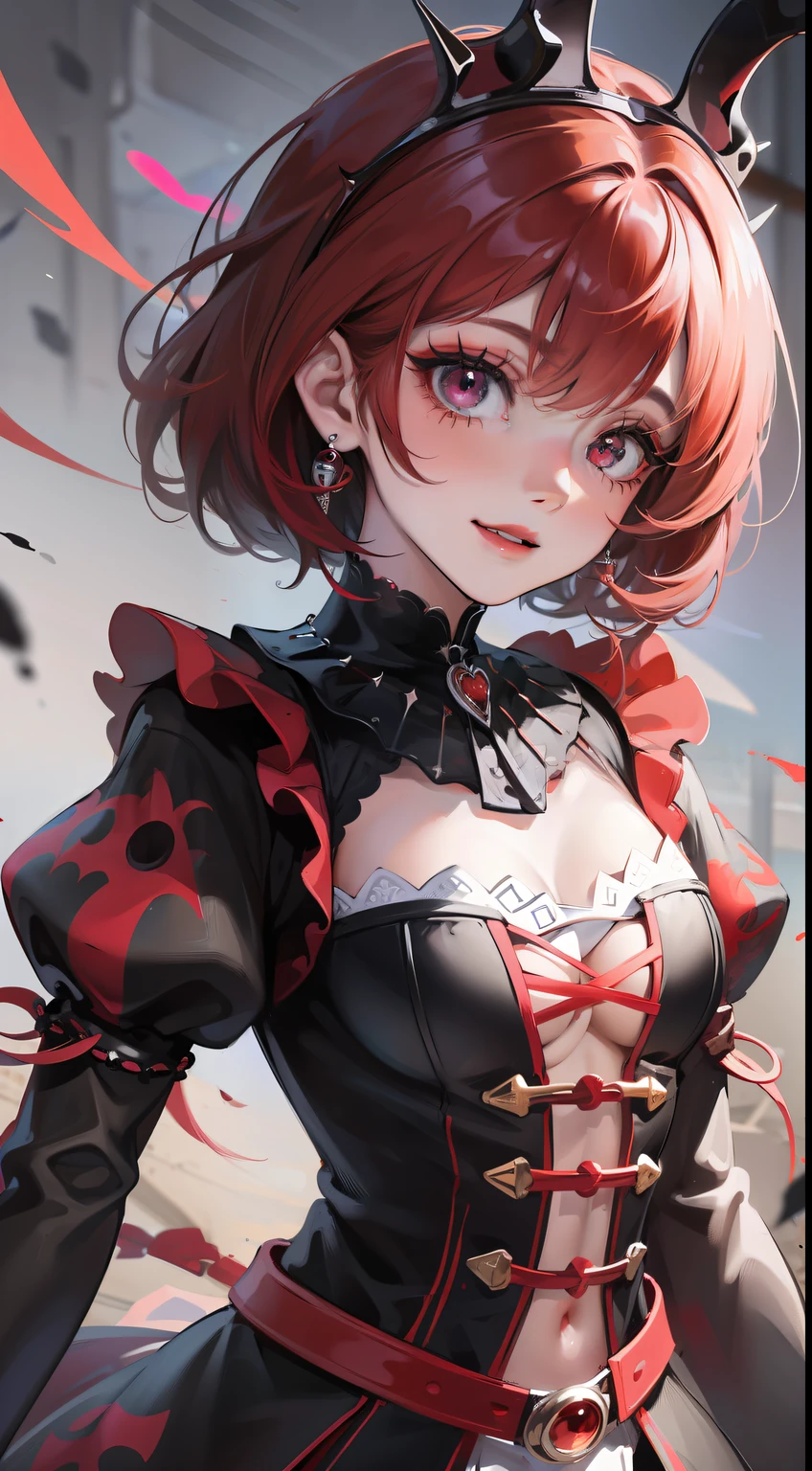 Young guy, short black or red hair, The eyes are red, The shape of the royal jester, ssmile, clown makeup, Masterpiece, hiquality