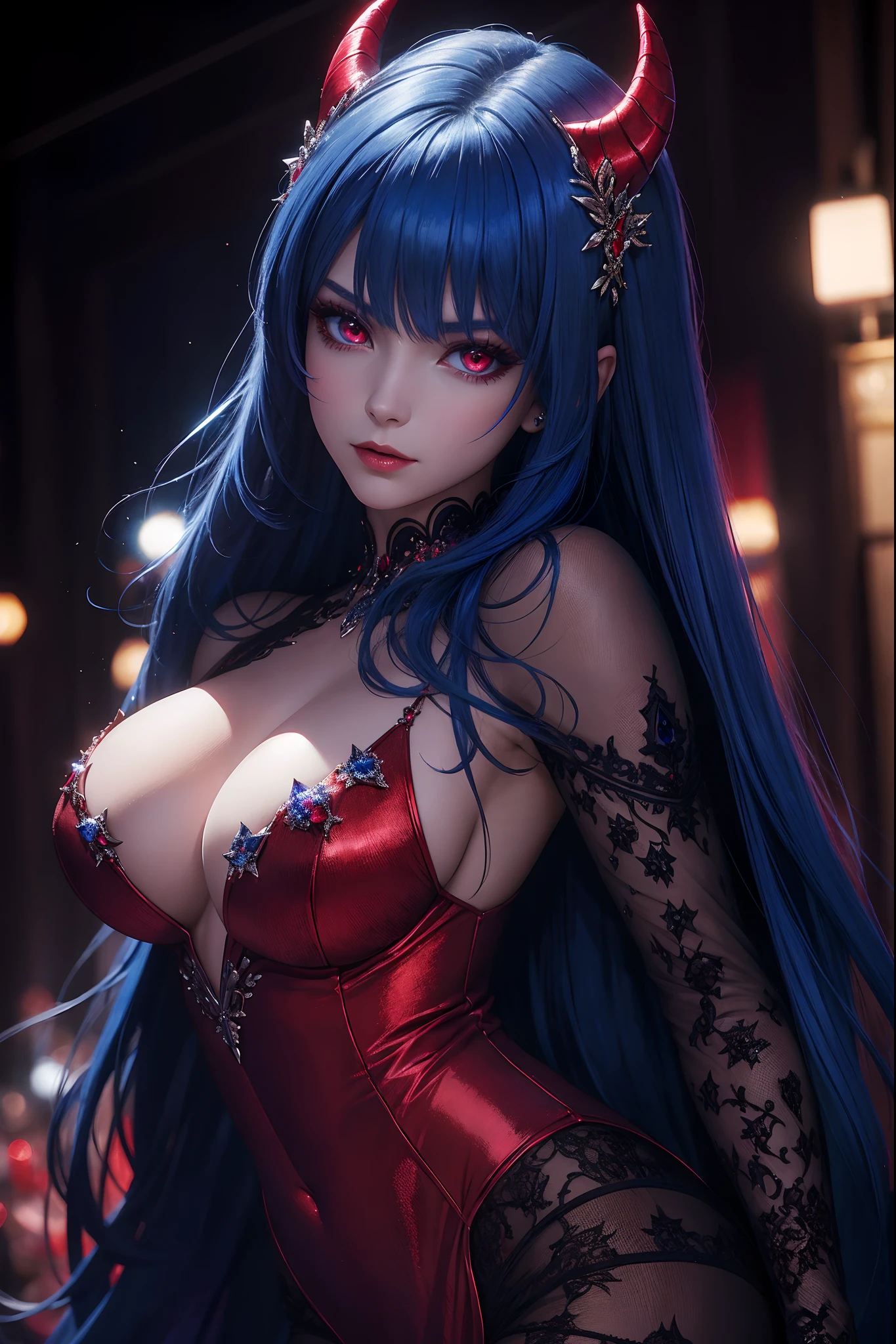 masterpiece, highest quality, high detail, in popular culture they say that the devil is a male..but what if the devil was a female, Sapphire blue hair, ruby red eyes, dark aura, glimmer, bokeh, solo, runway detailed background, realistic, studio lighting