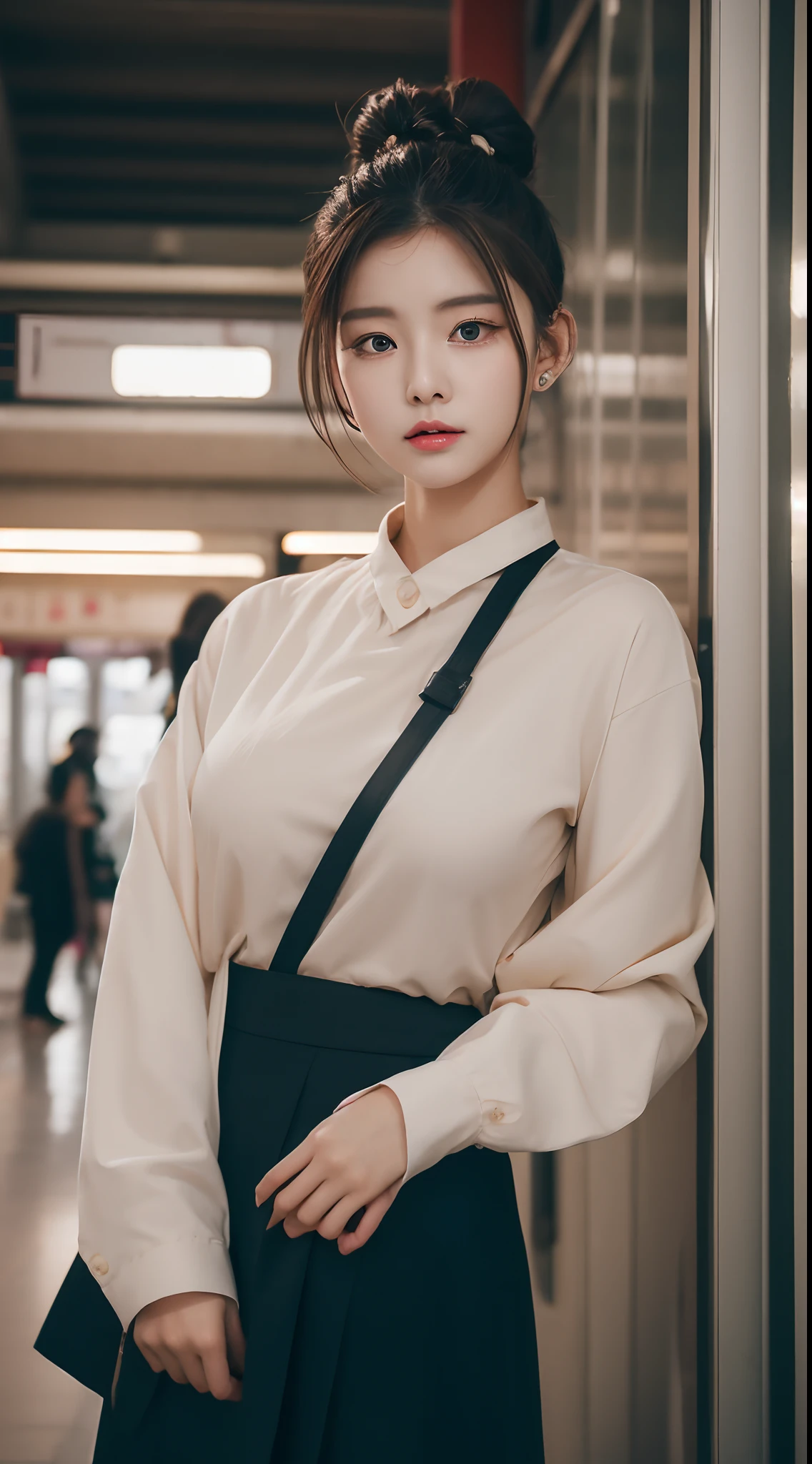 Realistic photos of (1 cute Korean star) cone hair bun, thin makeup, 32 inch breasts size, wearing long sleeve shirt, black skirt, in train station, close-up, UHD