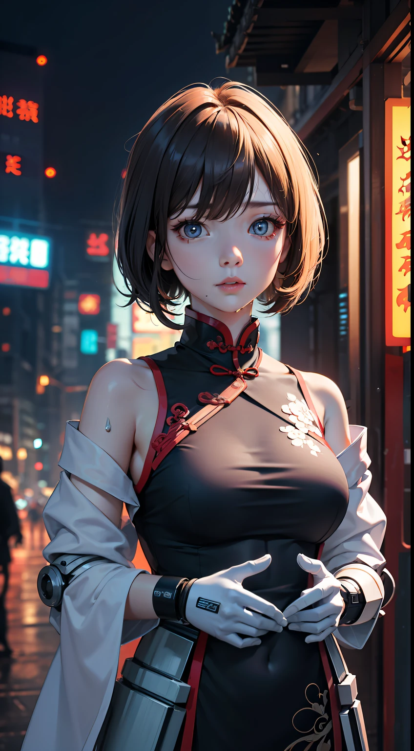 (Masterpiece),(best quality),((masterpiece)),(highres), original, (extremely detailed 8K wallpaper),Depth of field, absurdres,ooking at viewer,(chinese style architecture),((cyberpunk city)), (light pollution), rainy night, (wet), (cyberpunk), science fiction, workshop,Chinese Red mecha,naughty face
1girl, (Beautiful and detailed facial depiction), Gloom, Sad, ((shiny skin)), {Extremely Delicate Beautiful},(Beautiful and detailed eye description), Delicate Faces, (Upper body), Chinese style clothes,Chinese Han clothing,White and blue Taoist robe, (colored china dress), (hybrid),(colored tips), shiny hair,
((exoskeleton)), (mechanical joints), (mechanical parts), ((internal structure)), (detailed structure), hair rings, mechanical internal structure, delicate internal structure,
(cables), (wires), (pistons), electricity, (glowing orbs), (luminous engine), energy cannon, (energy core),(cables connected to body), (wire connected to body), (robotic arms), ((Electronic collar)),
Pauldrons, (Scapular cannon), screws, piugs, ventilator fans, 3d, 3d render, beautifully lit, ray tracing,
scattered particles, emotionless, Slim waist, outdoors, detailed background, (neon lights), lighting face, stars in eyes,Perfect composition,(sexy:1.3),(Chinese style:1.5),Optical carving,(hair over shoulder:1.3),