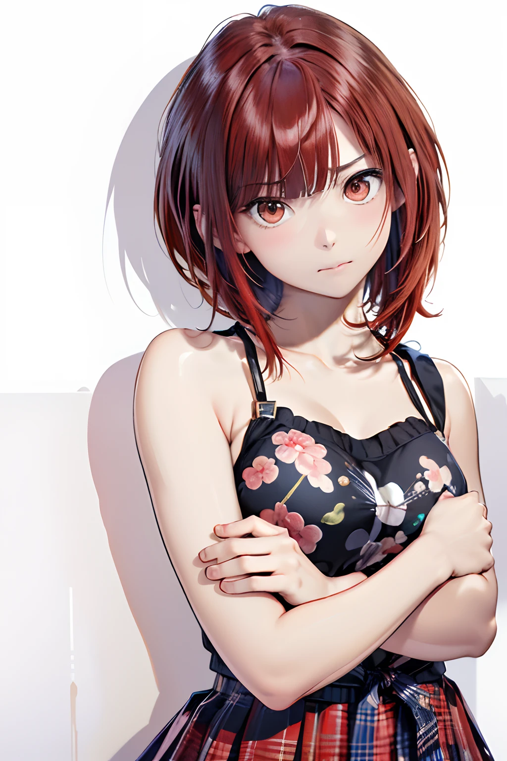 An anime girl with red hair and blue eyes wearing a skirt and an open shirt revealing a black and red bra