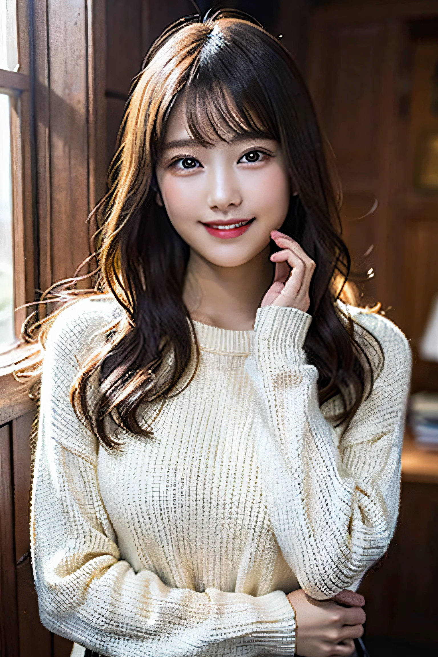 (8K、Raw photography、top-quality、masterpiece:1.2)、(realisitic、Photorealsitic:1.37)、ultra-detailliert、超A high resolution、女の子1人、see the beholder、beautifull detailed face、A smile、Constriction、(Slim waist) :1.3)、Colossal tits、Beautiful detailed skin、Skin Texture、Floating hair、Blurred background、inside in room、Whole human body、Black hair、Wearing a knitted dress with long sleeves、Smile、Japanese Models、ssmile