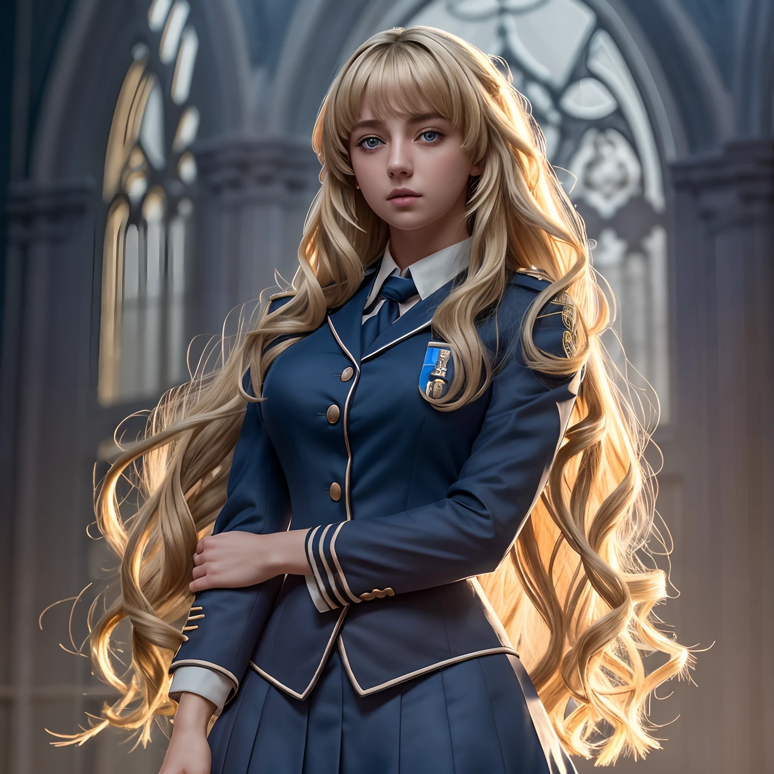 a beautiful picture of luna, wearing  a uniform, (full figure:1.5), masterpiece, photorealistic, detailed, 4k, HDR, backlighting, bloom, light, RAW color photo, soft skin, blonde, detailed face, blue eyes,