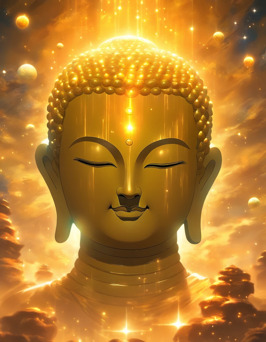 The giant transparent Buddha head looks at an earthy yellow planet in the universe,Glow effects,oc rendered