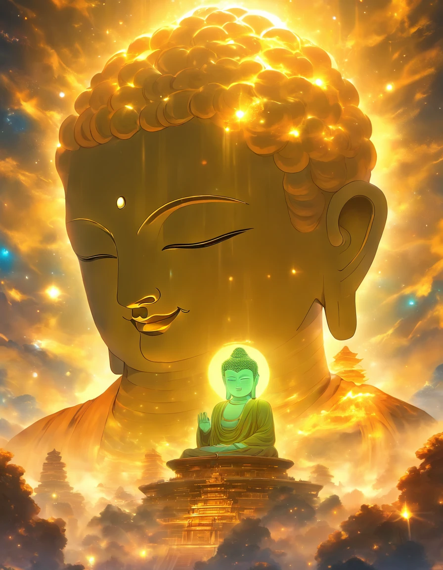 The giant transparent Buddha head looks at an earthy yellow planet in the universe，Glow effects，oc rendered