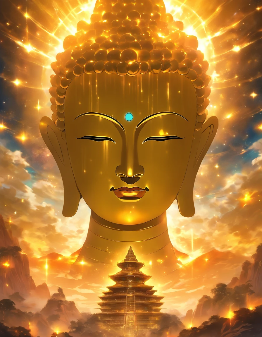 The giant transparent Buddha head looks at an earthy yellow planet in the universe，Glow effects，oc rendered