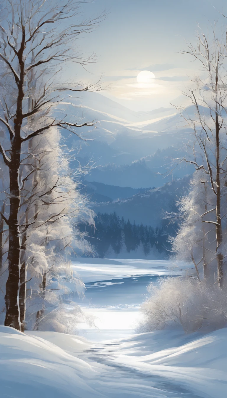 (best quality,4k,8k,highres,masterpiece:1.2),ultra-detailed,(realistic,photorealistic,photo-realistic:1.37),winter theme,landscape,crisp and cool colors,soft and warm lighting,frosty atmosphere,golden sunlight,icy reflections,snow-covered mountains,glistening snowflakes,evergreen trees,melting icicles,tranquil lake,peaceful silence,gentle breeze,touch of magic,hint of nostalgia,artistic brush strokes,subtle texture,fine details,detailed foreground elements,sublime horizon,prominent perspective,energetic brushwork,layered composition,vivid winter hues,carefully composed balance,dramatic sense of depth,serene winter scene,ethereal beauty,classic winter wonderland,vibrant winter fantasy,skillful craftsmanship,exquisite artistry,mesmerizing winter tale,masterful use of light and shadow,dreamlike atmosphere,graceful movement in the wind,one with nature,inviting sense of adventure,majestic yet intimate,winter's embrace,moment frozen in time