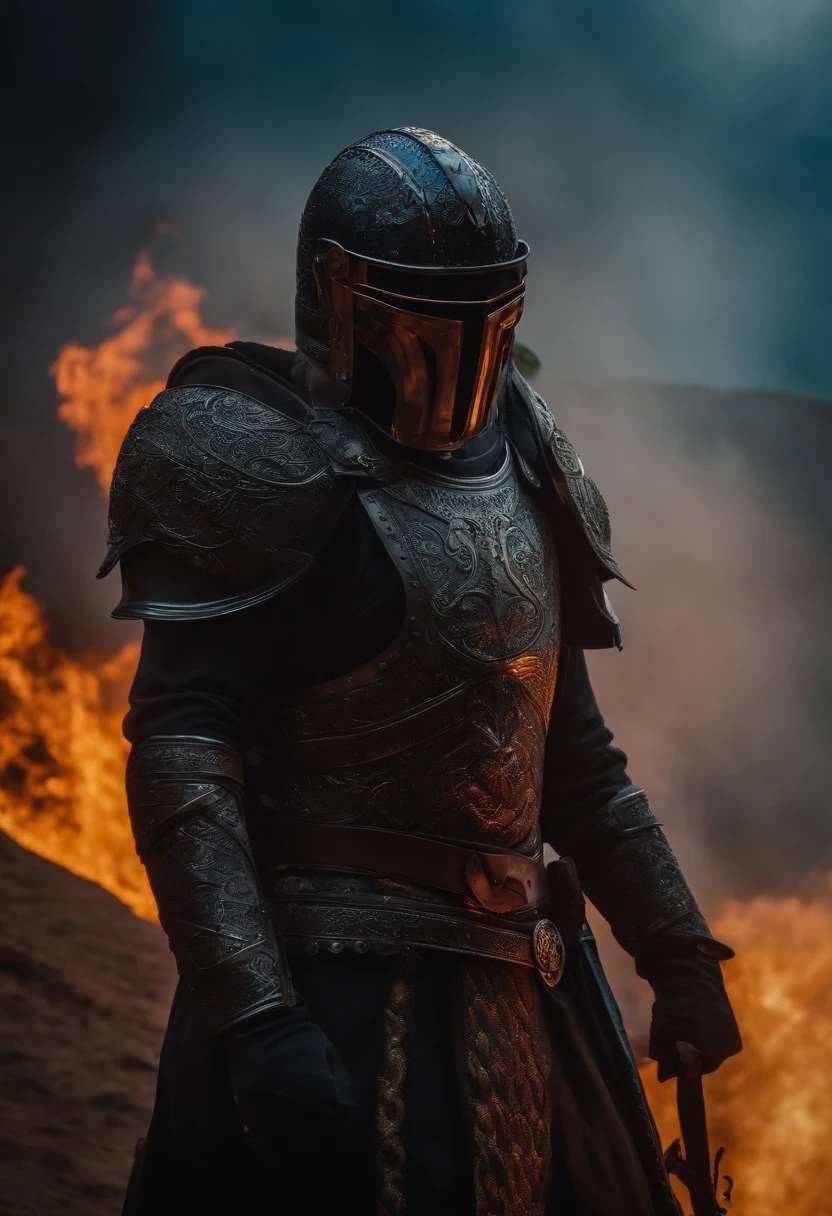 guerreiro homem com armadura leve de cor preta, sem capacete, com olhos pegando fogo