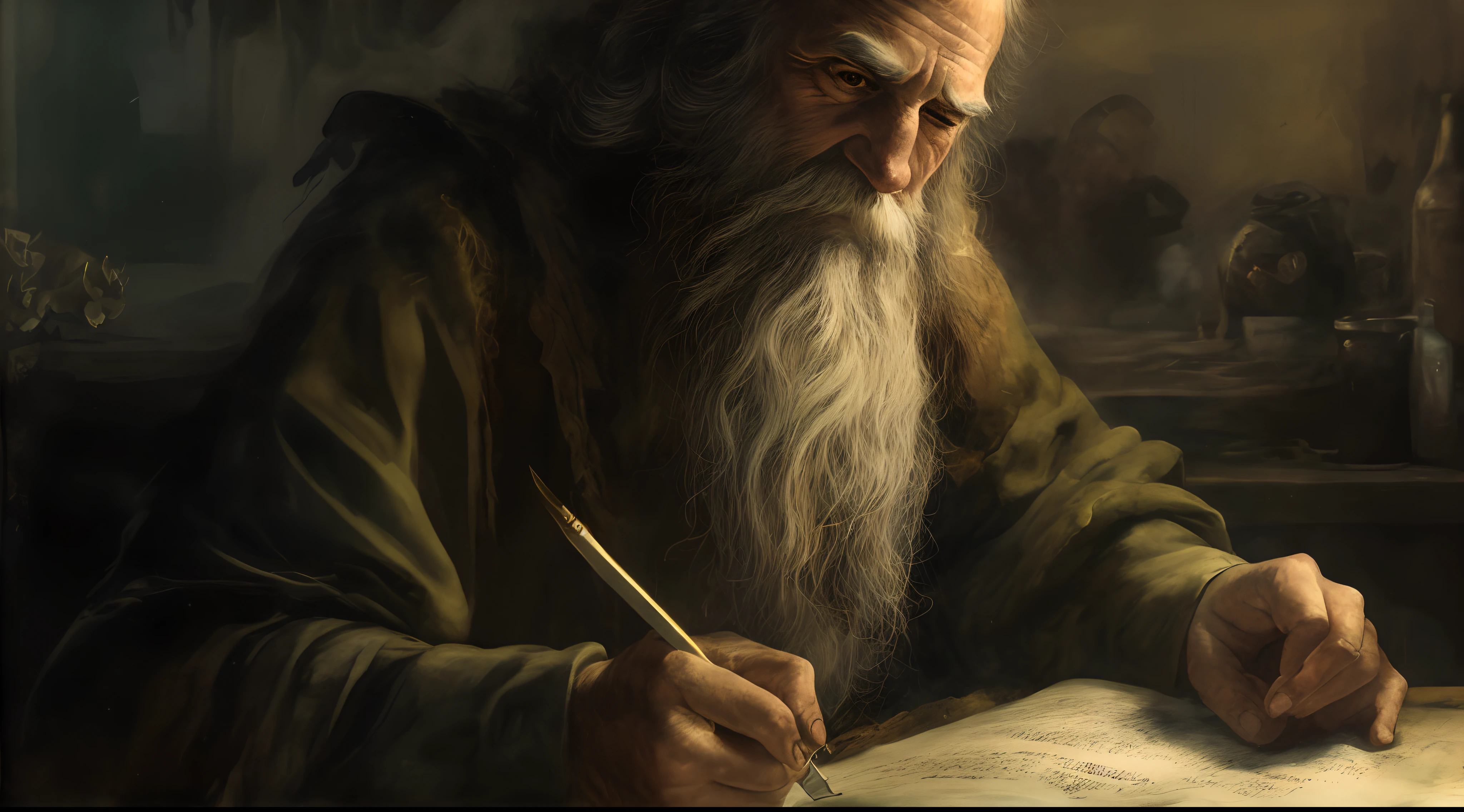 Hombre con larga barba blanca escribiendo en un libro, por Daniel Ljunggren, bible illustration, por Edwin Georgi, por Artur Tarnowski, biblical painting, jeremiah, por Scott Gustafson, by Pablo Munoz Gomez, por Emile Lahner, biblical image, por Aleksander Gierymski