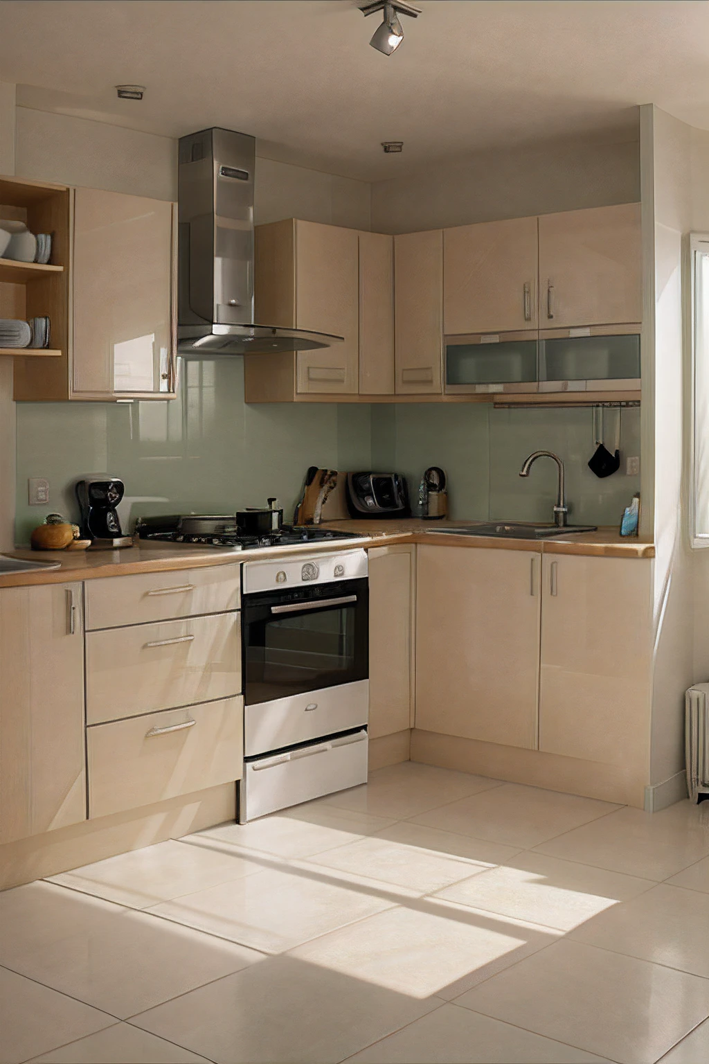kitchen, realistic, light colours, empty space for fridge