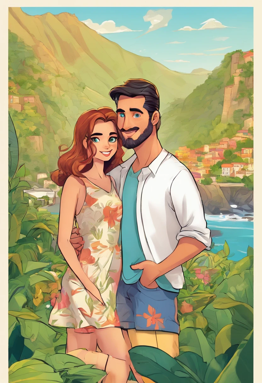 cute pixar cartoon style of couple. Man with blond hair, tall, normal shape body, white tshirt, black shorts, short beard. Woman shorter than man, short brunette hair, wearing long white dress with back exposed. They are on Madeira Island, with banana trees, cliffs in background and a lot of cats.