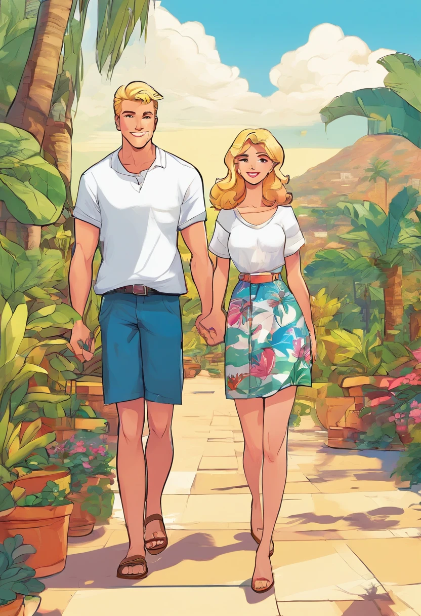 cute pixar cartoon style of couple. Man with blond hair, tall, normal shape body, white tshirt, black shorts, short beard. Woman shorter than man, short brunette hair, wearing long white dress with back exposed. They are on Madeira Island, with banana trees, cliffs in background and a lot of cats.