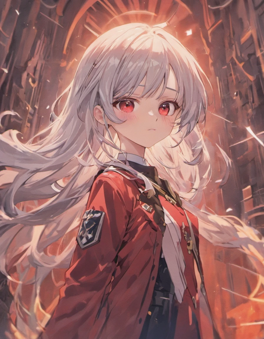 -yeld giSilvery-white hair，red color eyes，Off-white， German military uniform，holding handgun