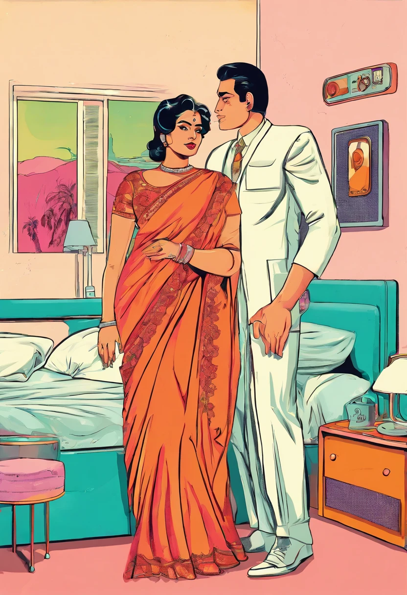 Indian fat aunty in saree and transperent bra at bedroom with husbend