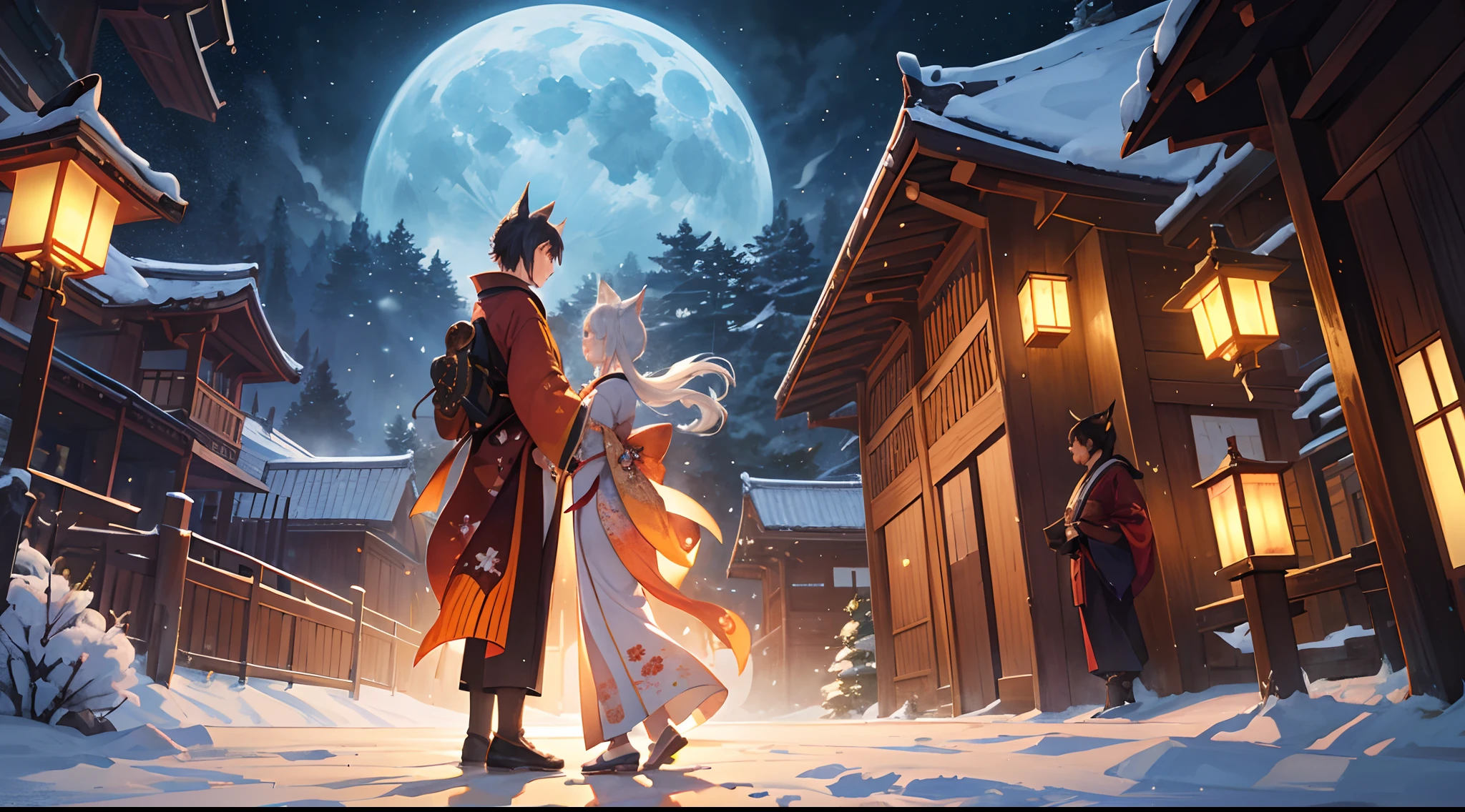 Beautiful traditional Japanese landscape painting, intricately detailed, fantastical, serene night, fantasy world, a stunning large moon, a bright moon, a beautiful starry sky, soft orange lanterns, traditional Japanese buildings, an 8-year-old boy and girl standing (with wolf-like tails, wolf-like ears, wearing kimono, full-body portraits), 4K quality, top-notch resolution, illustration, highly detailed, high definition, high quality, hyper HD, translucent, dynamic, beautiful atmosphere