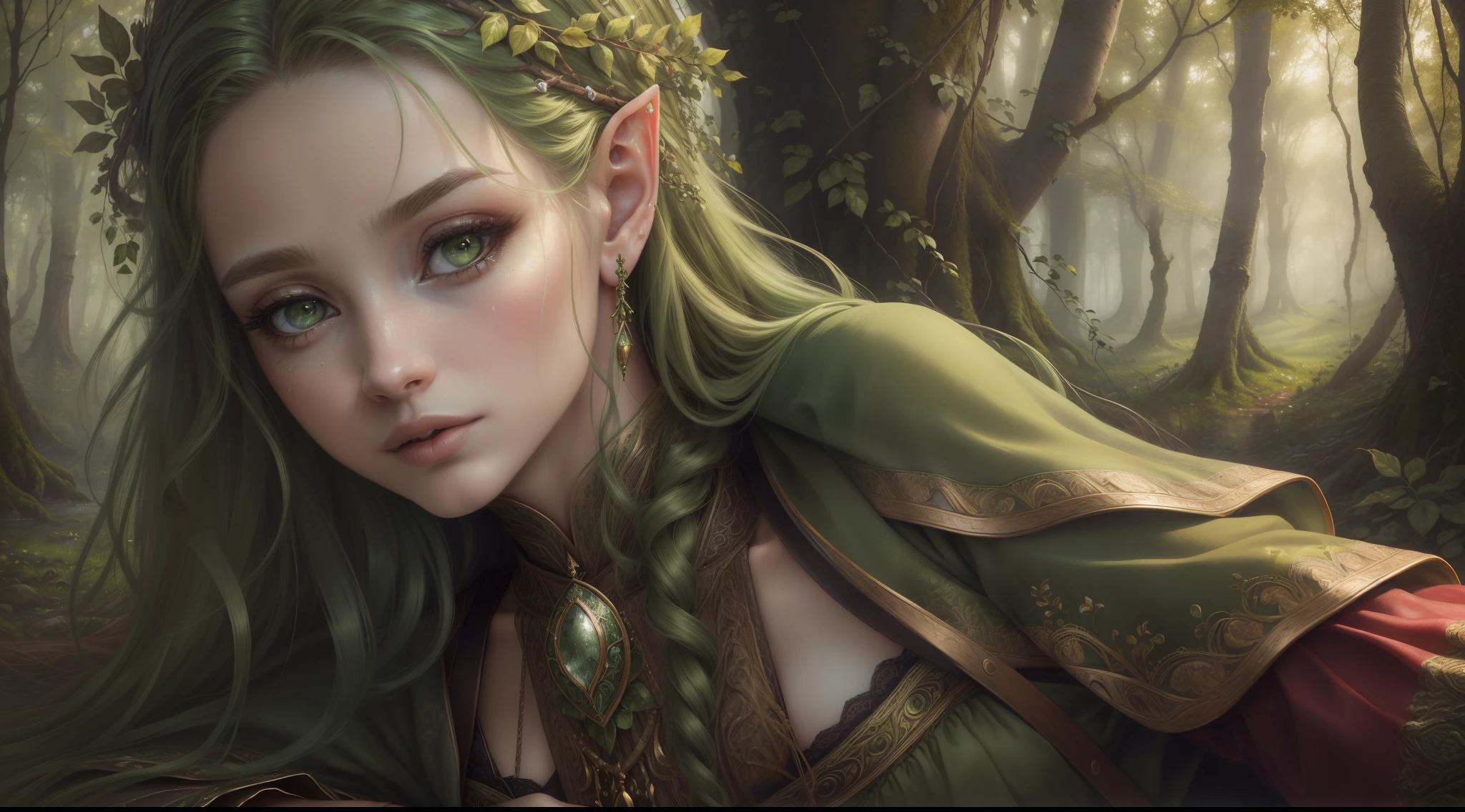 (highres,masterpiece:1.2),ultra-detailed,(realistic,photorealistic,photo-realistic:1.37),portraits,beautiful,detailed eyes,beautiful,detailed lips,extremely detailed eyes and face,long eyelashes,adventurous,green forest background,captivating landscape,natural lighting,playful expression,enchanted atmosphere,elven ears,fantasy,green color tones,vibrant colors.