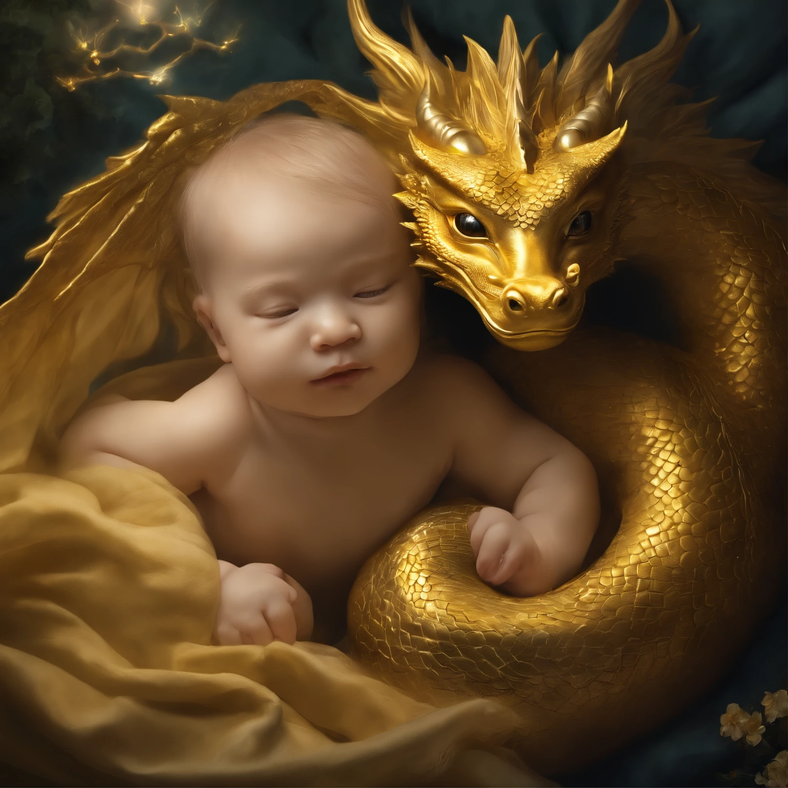 (photorealism:1.2), , sleep on bed, wearing loose off-shoulder top, pajama pants, indoors, soft lighting, dragon with fire in background, cozy room, relaxed pose, realistic, intricate details, warm colors, name the baby on center pirzio", by Greg Rutkowski, by Alphonse Mucha