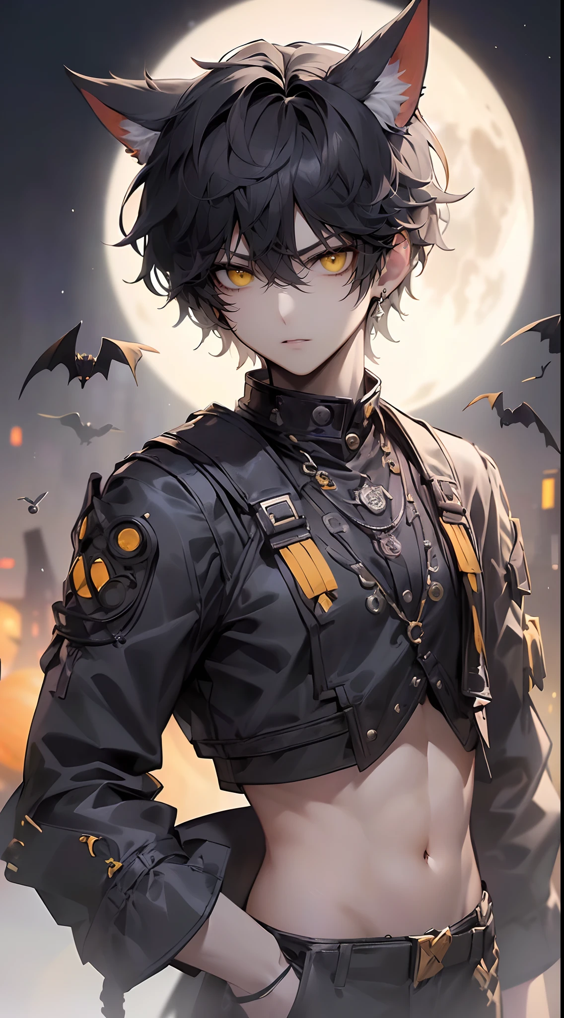 (4K works))、masterpiece、(top-quality)、((Full moon and crow isolated on black background))、Korean Male、Adult male、((Adult 26 years old))、((Adult older brother))、((werewolf man))、((The Man with Wolf Ears))、((Face similar to Hyun Jin))、Cool Men、tall、((Glaring expression))、((Strong eyes))、((Black cool werewolf fashion))、((Long sleeve long trouser style))、((smaller face))、Slim body、((hooligan))、((Black short-haired))、((Yellow eyes))、((shot from front))、((Shot alone))、((Solo Photography))、Professional Photos、((Focus zoom in))、((Upper body photography))、((Face enhancement))、Wolf's Pose、((Halloween Photos))、Horror Pictures