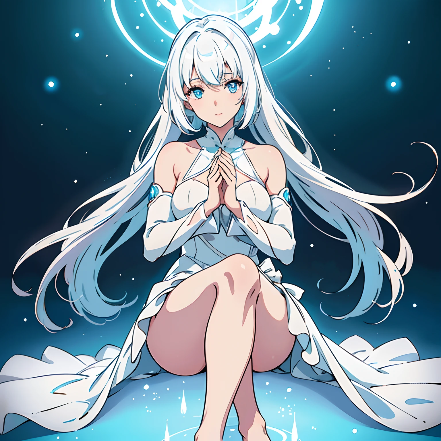 A scene from anime movies, sharp angle, woman sitting on the ground holding a white luminous ball in her hands, white hair, luminous blue eyes, dark forest, magical place, bare feet, hot body, wearing a white dress decorated with shiny golden dots, soft cinematic lighting, Perfect anatomy, High detail, HDR, line, glossy, dark skin, realistic detail