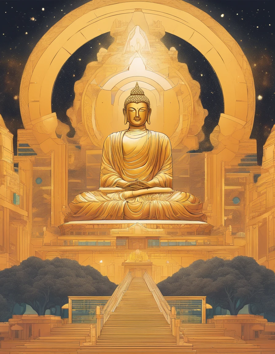 Create a 3D cinematic image of a majestic Buddha statue representing the Tathagata (Suchness) or Buddha of Great Enlightenment. The statue should be depicted in a grand and opulent setting that conveys a sense of supreme divinity and transcendence. Use a dark color palette to enhance the mystical and reverent atmosphere. The background should be rich and detailed, emphasizing the statue's monumental presence and spiritual significance. Include elements such as dramatic lighting and ethereal effects to highlight the Buddha’s exalted, transcendent nature, and create an overall impression of elevation and liberation from worldly attachments.





