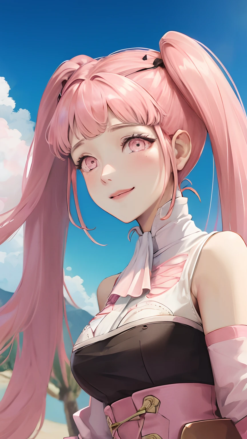 夏天、A desert、Pink clouds、a smile、The land overgrown with roses is a beautiful girl、James Gurney、art station rendering、ultra wide lens、hight resolution、pink twintails、Hilda in Fire Emblem