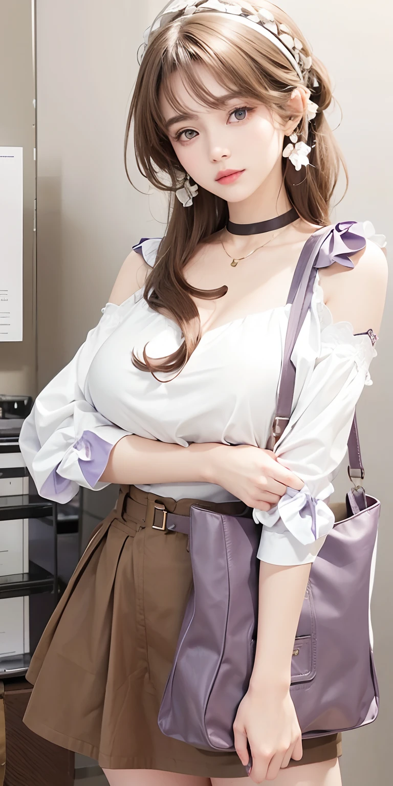 1girl,huge breast,brown hair,white and brown clothes,purple handbag, ultra detailed, masterpiece, realistic