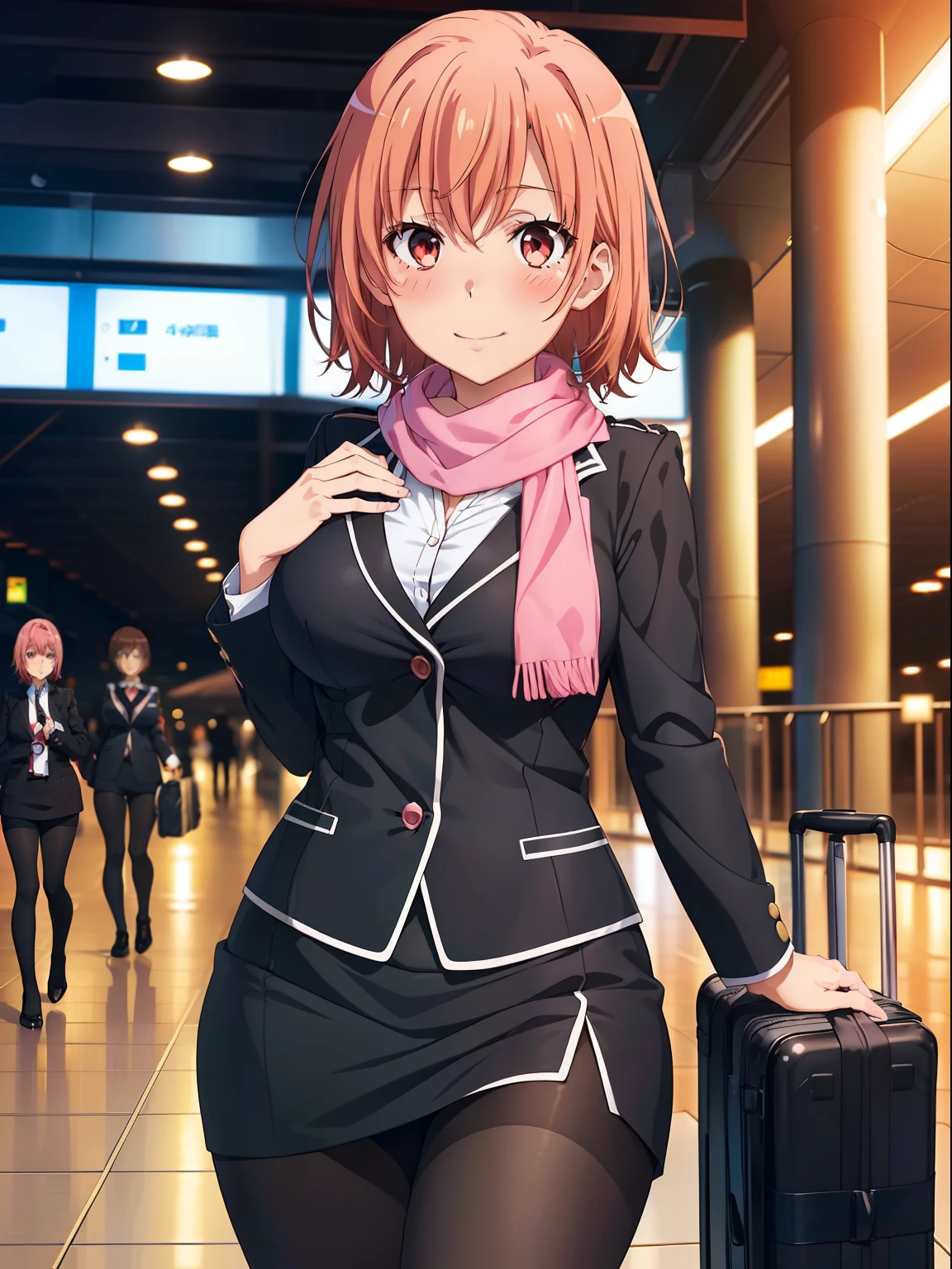 ((masutepiece, Best Quality, hight resolution, nffsw, Perfect Pixel, depth of fields, 4K, nffsw, nffsw))),
1girl in, Single, Solo, Beautiful anime girl, Beautiful Art Style,
(Detailed face, Blushing:1.2), (Anime CG style),
Large breasts,
(close up, looking to viewer), Perfect body,
(Black flight attendant uniform), (Black pantyhose), Pink short scarf, Airport entrance,
Cowboy Shot, Looking at Viewer, Standing,
Smile, blush,
Yuigahama Yui, Short hair,