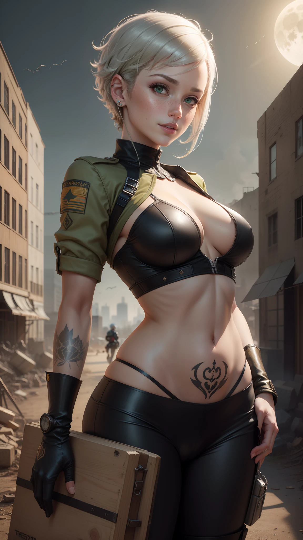 gwen tennyson,tracer,jean gunnhildr, rebecca chambers,atelier ryza,nier automata,close up,mecha pilot,city ruins,tattoos,silver and yellow plugsuit,white short sleeve lycra top,white cargo pants,uncovered belly,short hair,cute makeup,green eyes,dimensional silver hair,shy smile, freckles,beautiful girl,large breasts,4k hd,ultra detailed,realistic,fantasy art,military uniform,aviator uniform, moonlight,pilot garb,steel armor,ear piercings,hair pin,short sleeve pilot jacket,