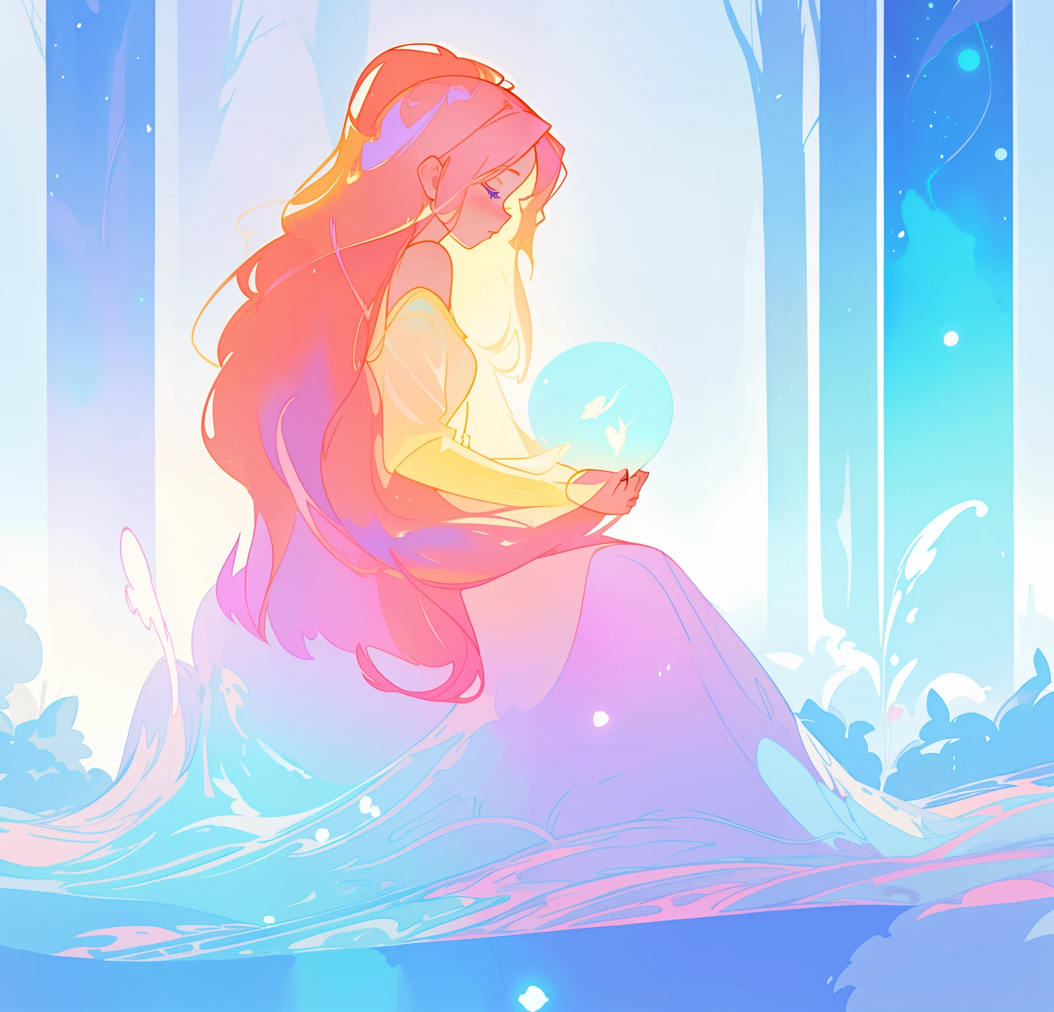 beautiful girl in flowing dress sitting in a forest, winter forest background, long golden pink hair, white blue and purple color background, watercolor illustration, inspired by Glen Keane, inspired by Lois van Baarle, disney art style, by Lois van Baarle, glowing aura around her, by Glen Keane, jen bartel, glowing lights! digital painting, flowing glowing hair, glowing flowing hair, beautiful digital illustration, fantasia otherworldly landscape plants flowers, beautiful, masterpiece, best quality, anime disney style