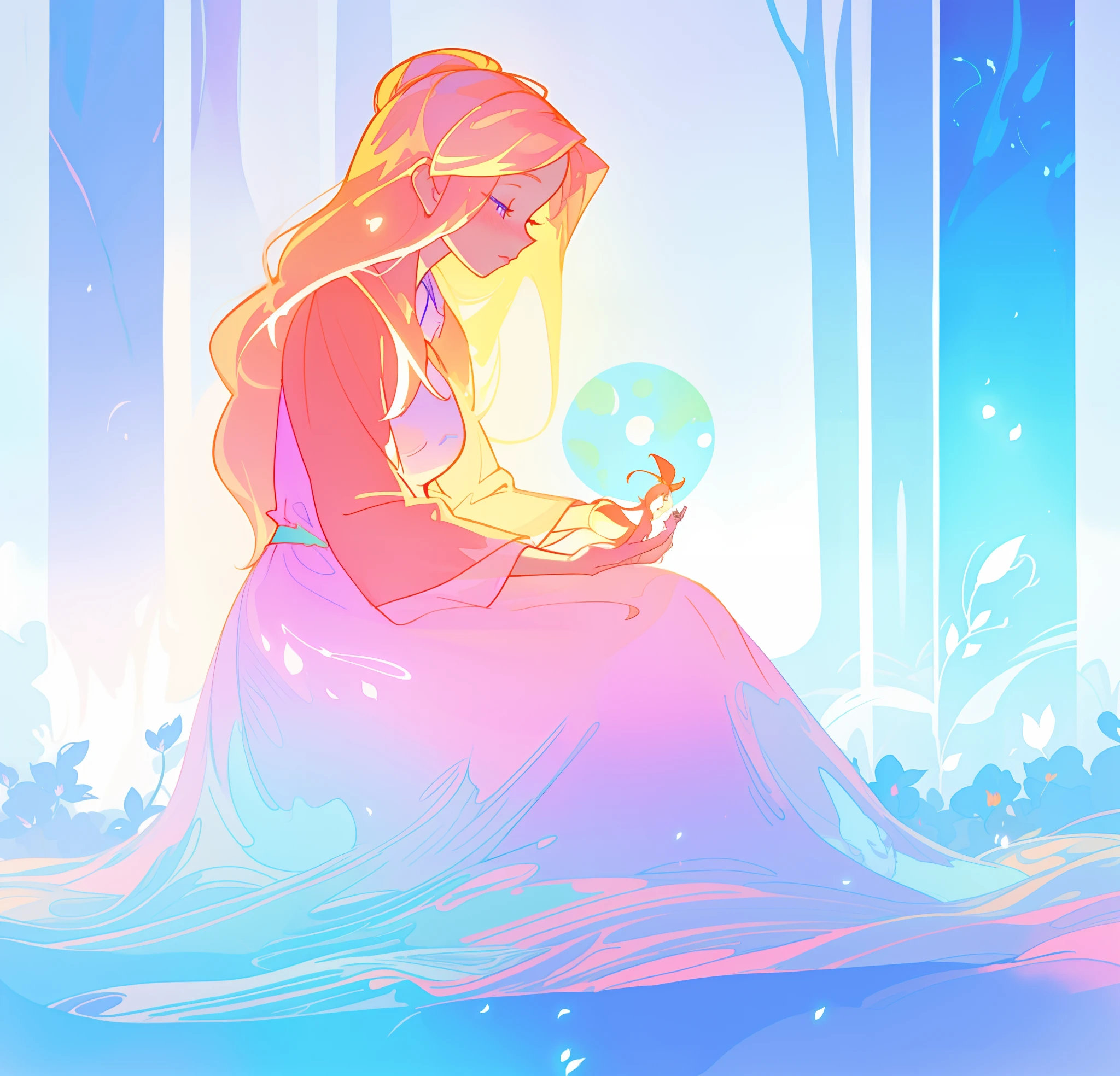 beautiful girl in flowing dress sitting in a forest, winter forest background, long golden pink hair, white blue and purple color background, watercolor illustration, inspired by Glen Keane, inspired by Lois van Baarle, disney art style, by Lois van Baarle, glowing aura around her, by Glen Keane, jen bartel, glowing lights! digital painting, flowing glowing hair, glowing flowing hair, beautiful digital illustration, fantasia otherworldly landscape plants flowers, beautiful, masterpiece, best quality, anime disney style