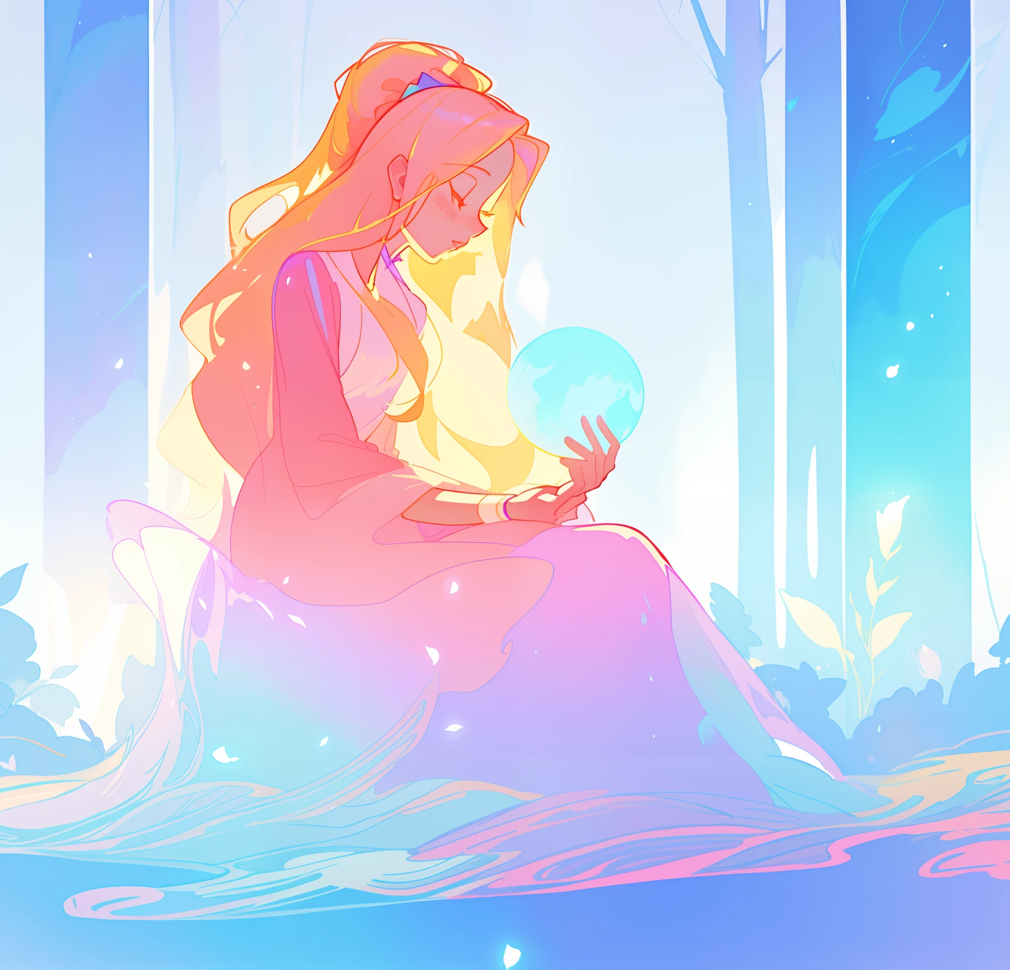 beautiful girl in flowing dress sitting in a forest, winter forest background, long golden pink hair, white blue and purple color background, watercolor illustration, inspired by Glen Keane, inspired by Lois van Baarle, disney art style, by Lois van Baarle, glowing aura around her, by Glen Keane, jen bartel, glowing lights! digital painting, flowing glowing hair, glowing flowing hair, beautiful digital illustration, fantasia otherworldly landscape plants flowers, beautiful, masterpiece, best quality, anime disney style