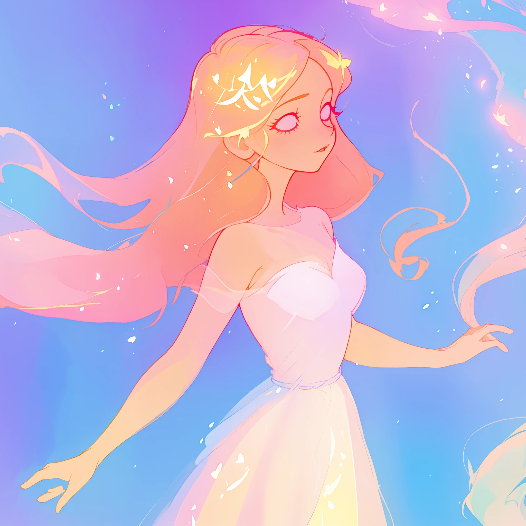 beautiful girl in pale pink dress, fairy dress, long peach and golden hair, watercolor illustration, inspired by Glen Keane, inspired by Lois van Baarle, disney art style, by Lois van Baarle, glowing aura around her, by Glen Keane, jen bartel, glowing lights! digital painting, flowing glowing hair, glowing flowing hair, beautiful digital illustration, fantasia otherworldly landscape plants flowers, beautiful, masterpiece, best quality, anime disney style