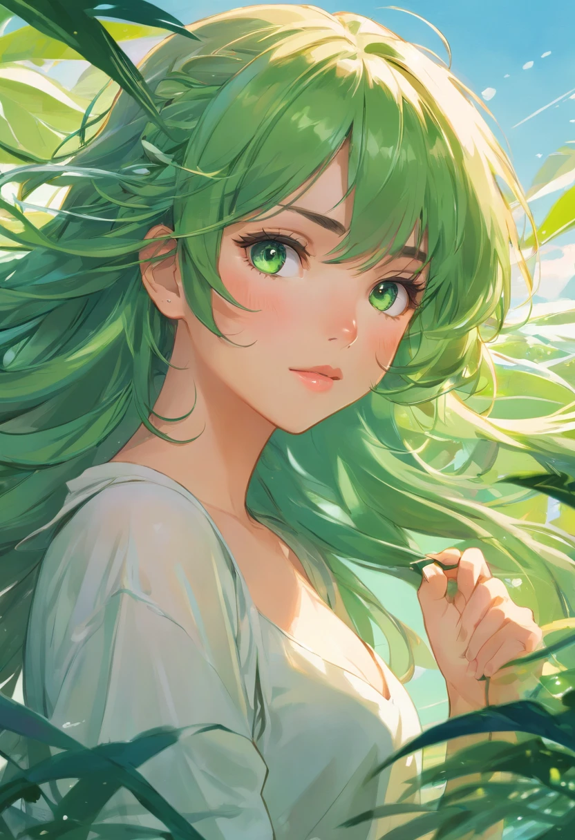 Photorealism Oil Painting ((full bodyesbian)), ((stunningly attractive)) 80s anime style, ((Big and beautiful exposed)), Multicolored curly hair, Detailed green eyes, bashful, adolable, (Facial symmetry)), Wear (maikurobikini), Toned abs, 8K ((Huge symmetrical)), (Sad face), hourgrass body, foco nítido, ((seaview)), The Art of (ArtGerm), (Greg Rutkowski), Alphonse Mucha, detailliert,