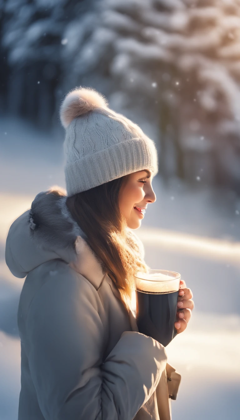 (best quality,4k,8k,highres,masterpiece:1.2),ultra-detailed,(realistic,photorealistic,photo-realistic:1.37),illustration,portrait,colorful,bright lighting,
winter theme,snowy landscape,
a beautiful girl with long black hair,
warm winter clothing,
snowflakes falling gently on her face,
rosy cheeks,
sparkling eyes,
a charming smile,
holding a cup of hot cocoa, steaming hot,
a cozy knitted scarf around her neck,
a snowy forest in the background,
with tall pine trees covered in snow,
the sunlight casting a soft golden glow,
a touch of frost on the branches,
the girl's breath visible in the cold air,
a feeling of tranquility and serenity,
capturing the essence of winter season.