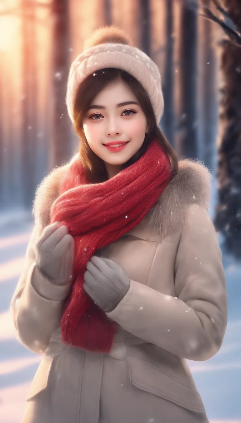 (best quality,4k,8k,highres,masterpiece:1.2),ultra-detailed,(realistic,photorealistic,photo-realistic:1.37),illustration,portrait,colorful,bright lighting,
winter theme,snowy landscape,
a beautiful girl with long black hair,
warm winter clothing,
snowflakes falling gently on her face,
rosy cheeks,
sparkling eyes,
a charming smile,
holding a cup of hot cocoa, steaming hot,
a cozy knitted scarf around her neck,
a snowy forest in the background,
with tall pine trees covered in snow,
the sunlight casting a soft golden glow,
a touch of frost on the branches,
the girl's breath visible in the cold air,
a feeling of tranquility and serenity,
capturing the essence of winter season.