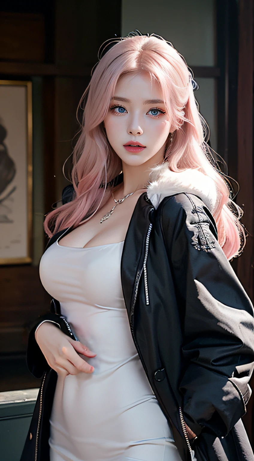 Masterpiece, Best quality, Night, landscape, Realistic, Real, Huge_filesize, Girl, Long hair, Pink hair, crossed bangs, view the viewer, Small breasts, Sailor dress, Sweater dress, Miniskirt, No_Panties, thongs, fishnet thighhighs, High heels, Earrings, Collar, fingerless_mitts, half gloves , Spread legs,