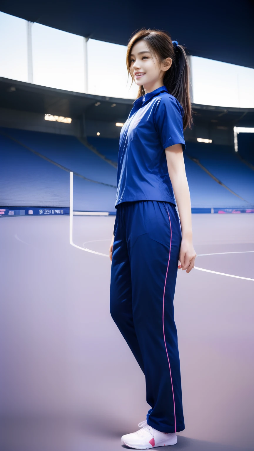 (bestquality,10,10,highres,masterpiece:1.2),ultra-detail,(Realistic,photorealistic portrait,photo-realistic:1.37),1 Cute girl in the football field,oily shiny skin,bara,light smile,BDclothes,((blue shirt:1.3)),short sleeves,shirt, trousers.,(navy_long_Pants Track:1.1), ((Stadium Background:1.3)),dynamic angle,excited,face focus,Dynamic Poses,from behide,Ass Focus,masterpiece, bestquality, ultra realistic, hyper-detail, 8k resolution, RAW photo, crisp focus, ((Navy blue shirt:1.1)), short sleeves, Long Path, Perfect body, 2 mature women, 18yo, cinematic light,Blue sweatpants,Gymware,Correct anatomy,Complete body, Correct body, sharp face, Anatomically correct body, full entire body, Realistic gestures, long-haired, Realistic poses,Wear long shorts.............,Long leg span,Shapely,Sculpting Girl, Slender Figure, mannequin mannequins, Shapely, Beautiful body,Blue sweatpants