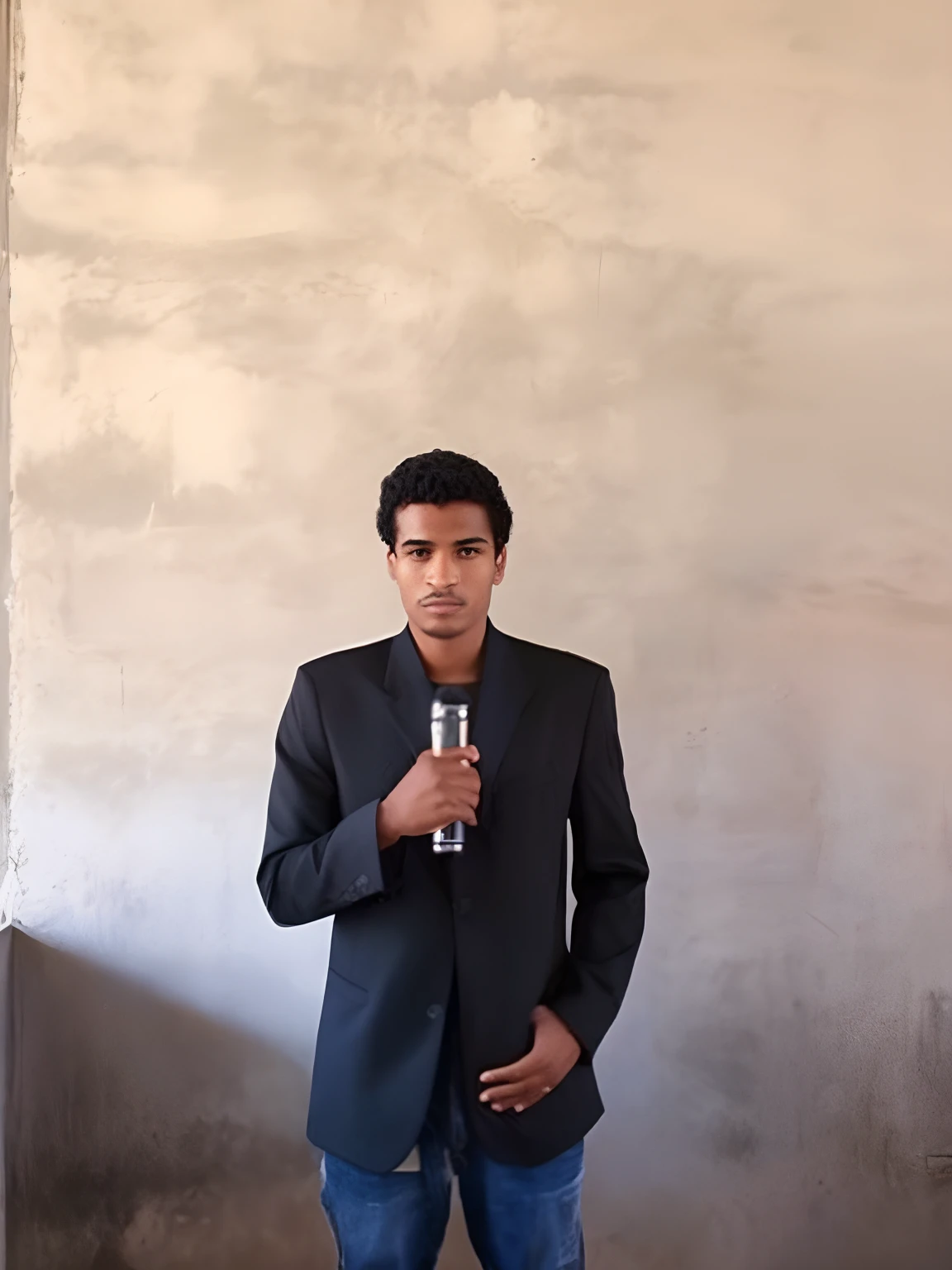 Man in black blazer standing from back to nature with black skin tones, cabelo cacheado curto, potrait de corpo inteiro, segurando microfone, imagem retrato