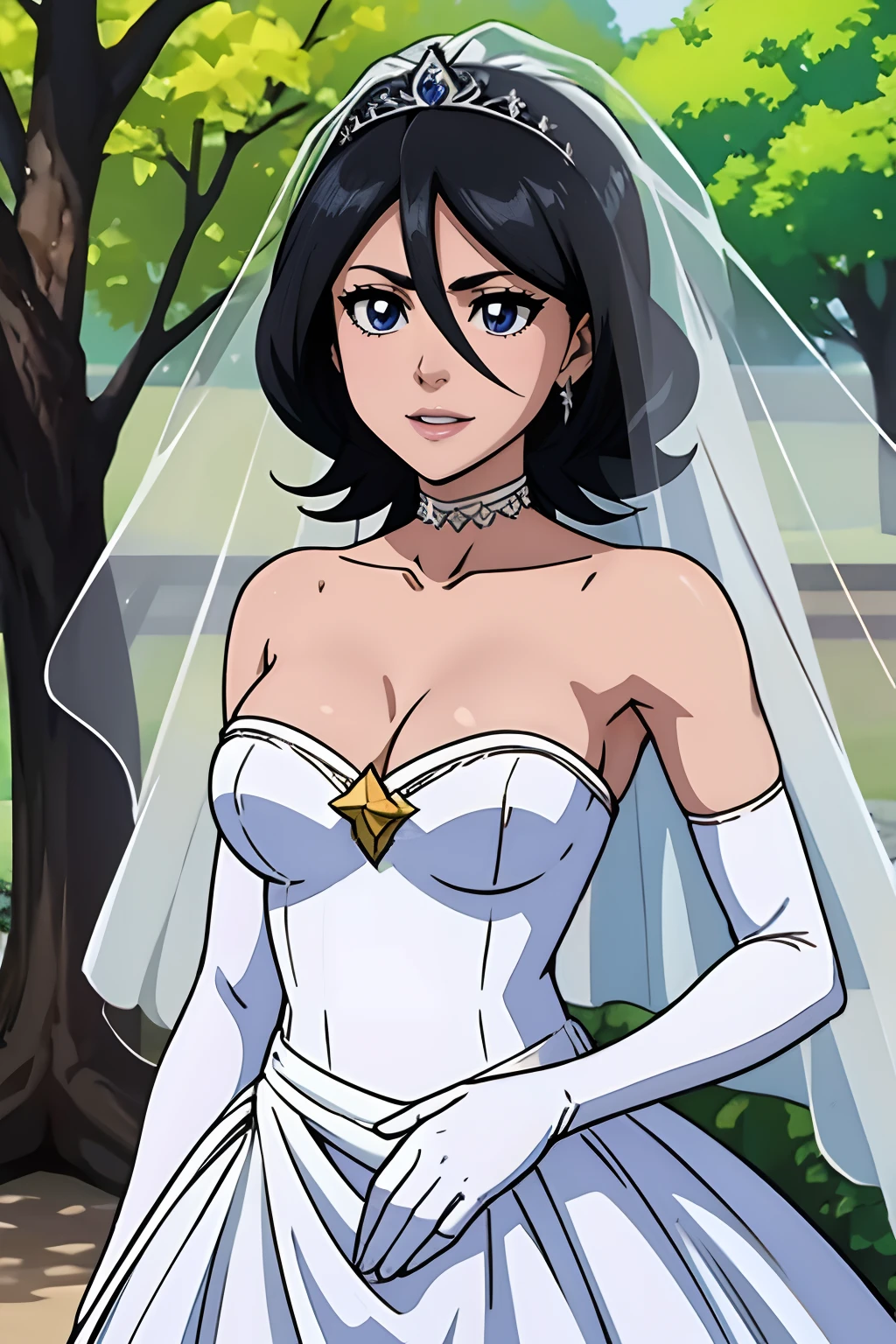 1girl hair between eyes, ahoge, blue eyes,black hair, star \(symbol\), hair ornament, dress, cleavage, bare shoulders, collarbone, long white elbow gloves, white gloves, white dress, white choker, strapless, tiara, veil, strapless dress, wedding dress, bridal veil, beautiful woman, perfect body, perfect breasts, wearing a wedding dress, ball gown, in the park trees, wedding decorations, a in love smile, realism, masterpiece, textured skin, super detail, high detail, high quality, best quality, 1080p, 16k