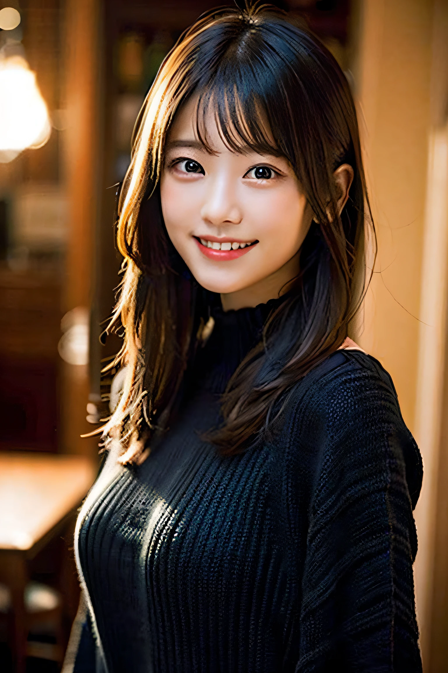 (8K、Raw photography、top-quality、masterpiece:1.2)、(realisitic、Photorealsitic:1.37)、ultra-detailliert、超A high resolution、女の子1人、see the beholder、beautifull detailed face、A smile、Constriction、(Slim waist) :1.3)、Colossal tits、Beautiful detailed skin、Skin Texture、Floating hair、Blurred background、inside in room、Whole human body、Black hair、Wearing a knitted dress with long sleeves、Smile、Japanese Models、ssmile